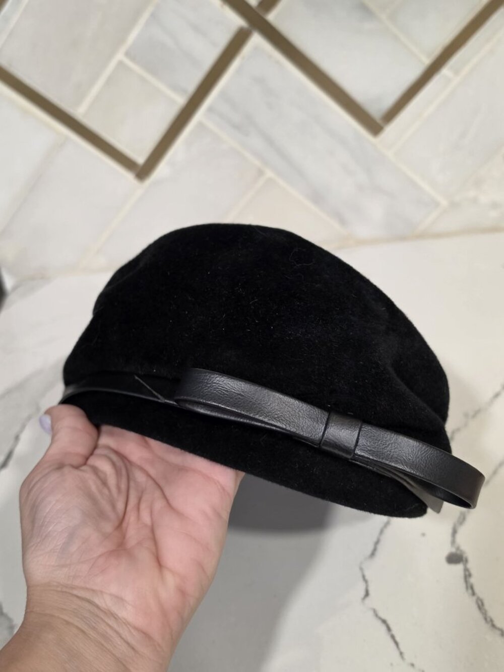 Vintage Deluxe Velour Merrimac Body Black Hat With Leather Bow Accent